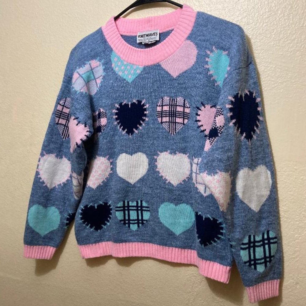 Vintage Knitwaves Womens Multi Pattern Hearts Long Sleeve Knit Sweater Size XS/S